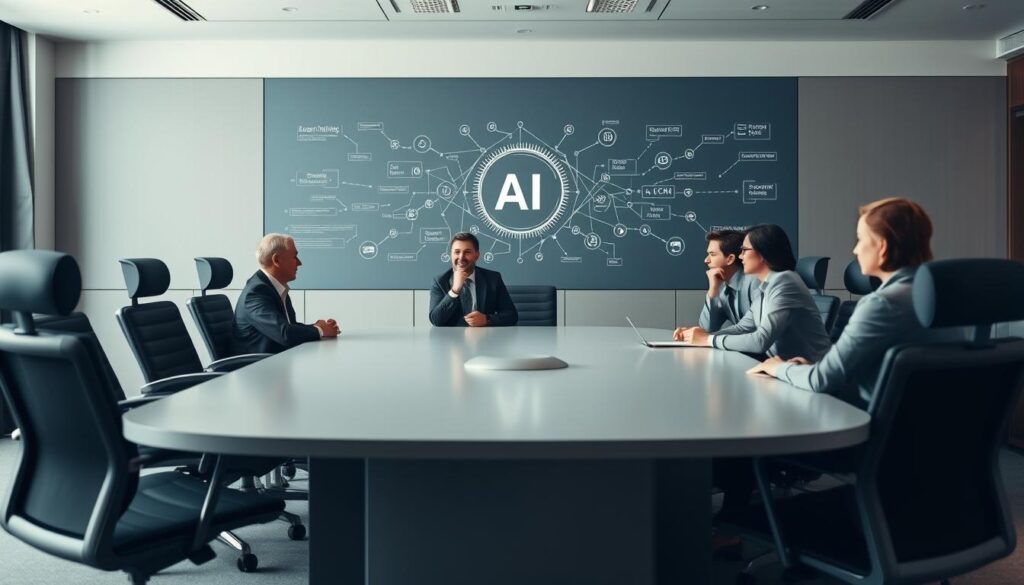 A boardroom setting with a large conference table, surrounded by modern ergonomic chairs. The lighting is soft and diffused, creating a contemplative atmosphere. At the head of the table, a group of executives are engaged in a thoughtful discussion, their expressions intent as they consider the strategic implications of artificial intelligence for their organization. The wall behind them displays a sleek, minimalist visualization of AI algorithms and data flows, underscoring the technological focus of their deliberations. The overall scene conveys a sense of thoughtful, forward-thinking decision-making at the highest levels of corporate leadership.