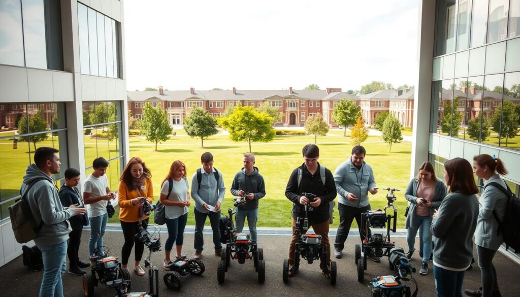 A bright, modern university campus with a state-of-the-art robotics research center in the foreground. The building features clean, minimalist architecture with large windows allowing natural light to flood the interior. In the middle ground, groups of students and professors are engaged in hands-on experiments with various robotic prototypes, their faces alight with excitement and concentration. In the background, a verdant lawn dotted with trees and a few other academic buildings creates a serene, contemplative atmosphere. The scene is bathed in warm, diffused lighting, conveying a sense of discovery, innovation, and intellectual pursuit.