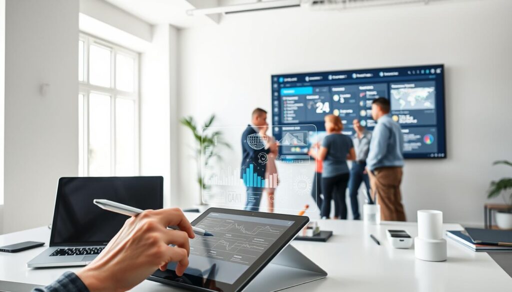 A brightly lit, modern office interior with clean white walls and large windows. A central desk with a laptop, digital tablet, and various office supplies. In the foreground, a hand holding a pen is taking notes on the tablet. In the middle ground, a team of data scientists and engineers are gathered around a holographic display, analyzing complex data visualizations. The background features a large, wall-mounted monitor displaying a KI Praxis-Tutorial user interface with interactive menus and progress indicators. The overall atmosphere is one of focused collaboration and technological innovation, reflecting the "KI im Dienst der Menschlichkeit" theme.