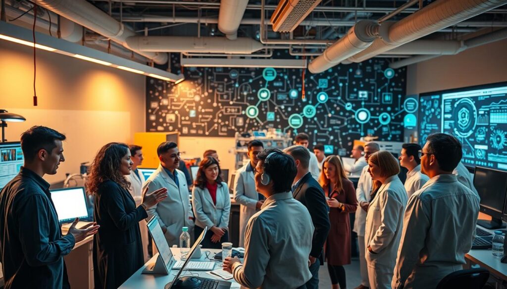 A bustling collaborative research hub, with scientists from diverse disciplines engaged in deep discussion, surrounded by an array of cutting-edge equipment and visual data displays. In the foreground, a group of researchers gesticulate animatedly, exchanging ideas and insights. The middle ground features workstations and whiteboards, showcasing the cross-pollination of knowledge. The background is filled with a mosaic of interconnected concepts and theories, creating an atmosphere of intellectual synergy. Warm, directional lighting illuminates the scene, casting a sense of inspiration and discovery. Captured through a wide-angle lens, the image conveys the essence of interdisciplinary collaboration in the field of AI research.