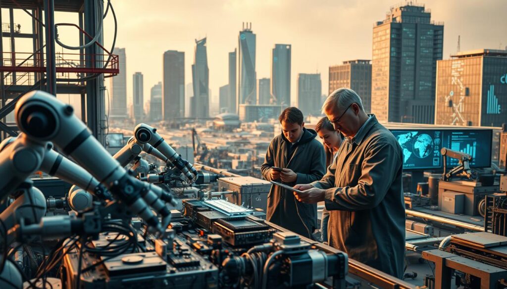 A bustling industrial landscape with various AI-powered applications seamlessly integrated across diverse sectors. In the foreground, a cluster of robotic arms meticulously assembling intricate electronic components, their movements choreographed by complex algorithms. In the middle ground, a team of scientists poring over data visualizations, their expressions contemplative as they uncover insights that drive innovation. The background features a panoramic view of gleaming skyscrapers and research facilities, their facades adorned with holographic displays showcasing the latest advancements in AI-driven technologies. The scene is illuminated by a warm, diffused lighting that lends an air of productivity and collaboration, reflecting the synergistic nature of cross-industry AI applications.