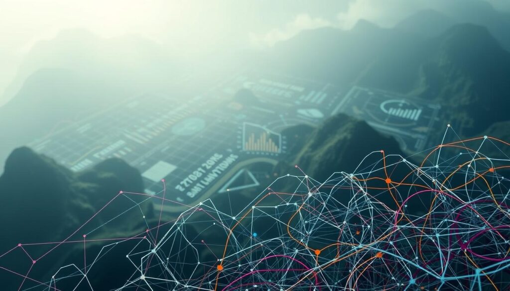 A complex network of data streams, algorithms, and ethical considerations, representing the challenges of AI in sustainable data management. In the foreground, a tangled web of multicolored lines and shapes symbolizes the intricate interconnections. The middle ground features abstract data visualizations, charts, and graphs, hinting at the vast amounts of information involved. In the background, a muted, ethereal landscape evokes the broader environmental and societal implications. Soft, diffused lighting casts a contemplative mood, while the camera angle suggests an overhead, birds-eye view, underscoring the scale and complexity of the subject matter.