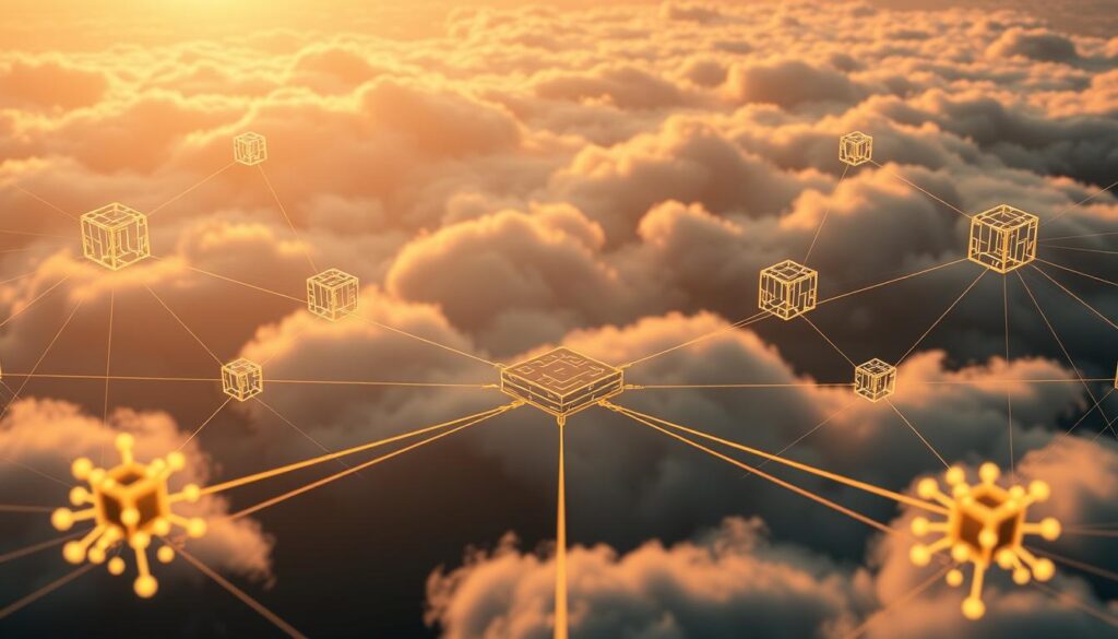 A complex network of nodes and connections representing decentralized model aggregation. In the foreground, a central hub coordinates the exchange of model updates between various distributed clients. The middle ground features abstract geometric shapes and lines symbolizing the federated learning process, with data flowing seamlessly between nodes. The background depicts a serene, cloud-like landscape, suggesting the privacy-preserving nature of the distributed system. Warm lighting casts a soft glow, conveying a sense of collaboration and security. The overall composition evokes the technical functionality and protocols underlying privacy-preserving distributed learning.
