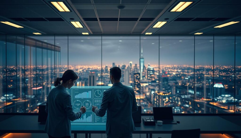 A corporate office in a futuristic setting, illuminated by warm, diffused lighting from above. In the foreground, employees collaborate on a holographic dashboard, their movements fluid and intuitive as they manipulate data visualizations. In the middle ground, an AI-driven workflow automation system seamlessly integrates various business processes, streamlining operations. The background features a panoramic view of a bustling city skyline, symbolizing the dynamic, AI-powered environment in which the company operates. The overall atmosphere conveys a sense of efficiency, innovation, and a human-centered approach to technology.
