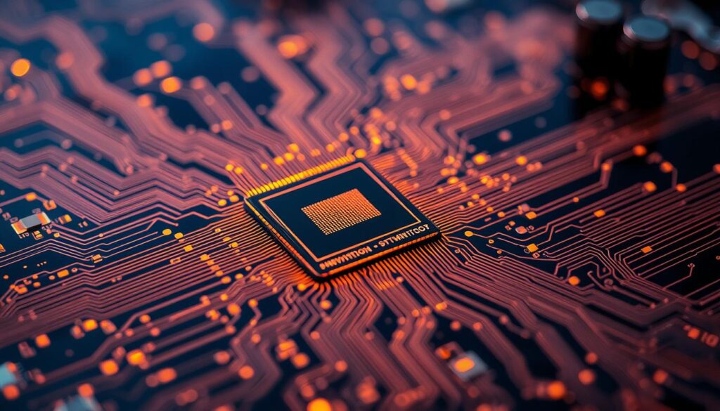 A detailed close-up view of a microchip circuit board, illuminated by a soft warm glow. The intricate patterns and traces of the AI-powered cybersecurity system are rendered in sharp focus, highlighting the complex interplay of hardware and software components. The background is slightly blurred, emphasizing the technical intricacies in the foreground. The image exudes a sense of precision, innovation, and the cutting-edge nature of AI-driven cybersecurity solutions.