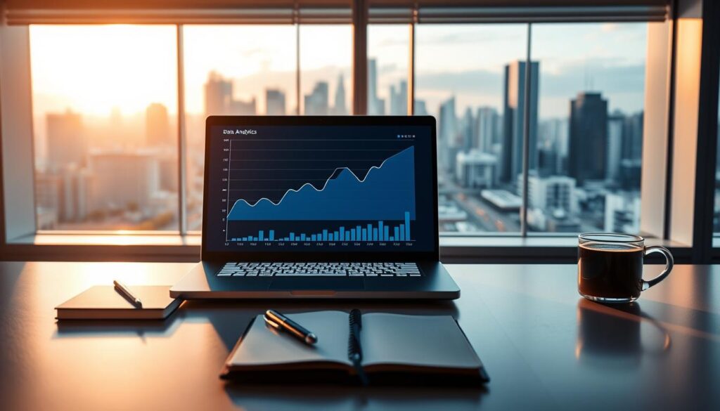 A detailed data analytics forecast visualized on a sleek, minimalist office desk. In the foreground, a laptop displays a graph with upward trending lines, hinting at predicted growth. Atop the desk, a pen, notebook, and a cup of coffee create a studious, focused atmosphere. Behind the desk, a large window offers a panoramic view of a modern cityscape, the sun casting a warm glow. The lighting is soft and directional, highlighting the key elements. The overall scene conveys a sense of technological prowess, strategic foresight, and professional productivity, perfectly suited to illustrate the topic of "Trend- und Bedarfsprognosen mit KI".