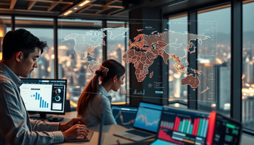 A detailed, data-driven market analysis conducted with the assistance of advanced AI algorithms. In the foreground, a team of data analysts diligently poring over charts, graphs, and statistical models on their high-resolution displays. In the middle ground, a holographic projection of an intricate, multi-layered consumer behavior map, its trends and insights visualized in vivid 3D. The background depicts a sleek, modern office environment with large windows overlooking a bustling cityscape, bathed in the warm glow of soft, directional lighting. An atmosphere of technological prowess, strategic insight, and data-driven decision-making permeates the scene.