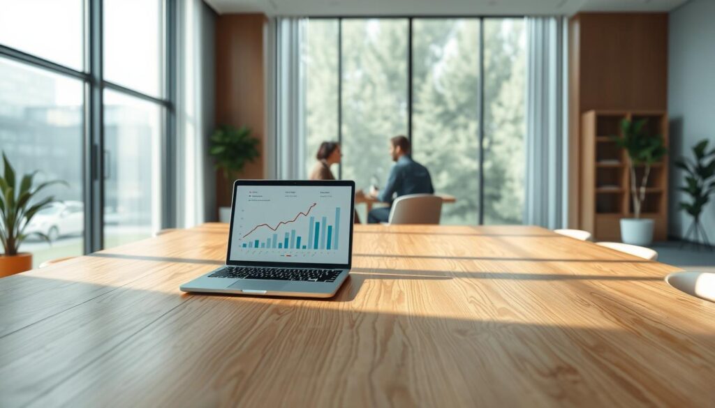 A detailed illustration of "Konfliktanalyse" for a mediation article: A tranquil office scene, with a large wooden desk in the foreground. On the desk, an open laptop displays a graph and data visualizations, conveying the analytical aspects of conflict resolution. In the middle ground, two people sit across from each other, engaged in deep discussion, their body language projecting a sense of understanding and collaboration. The background features floor-to-ceiling windows, allowing natural light to fill the space and create a calming, professional atmosphere. The lighting is soft and diffused, creating subtle shadows and highlights that accentuate the scene's thoughtful, problem-solving mood. The overall composition suggests the importance of thorough analysis and open communication in modern mediation practices.