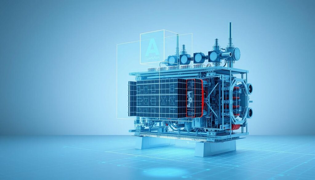 A detailed medical analysis of transformer models, showcasing their inner workings and potential applications in healthcare. Set against a clean, minimalist background, the foreground depicts a cross-section of a transformer model, its intricate layers and components meticulously rendered. The middle ground features a 3D holographic projection of the model's architecture, allowing for a deeper understanding of its complex structure. The background subtly incorporates quantum computing elements, hinting at the synergies between these two cutting-edge technologies. The overall mood is one of scientific inquiry and technological sophistication, inviting the viewer to explore the intersection of AI and quantum computing.