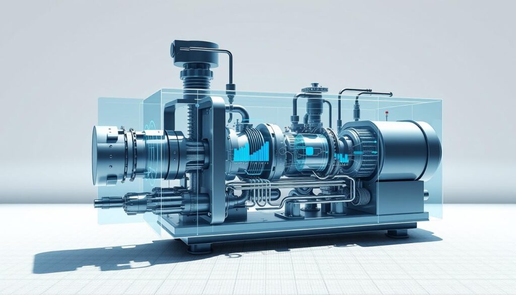 A detailed, realistic digital twin simulation showcasing the inner workings of a modern industrial process. Sleek, precision-engineered machinery in the foreground, with a transparent overlay revealing the complex data flows and analytics at the core. A neutral, minimalist background with a subtle grid pattern, conveying a sense of technological sophistication. Bright, directional lighting casts sharp shadows, highlighting the intricate components. The overall tone is one of scientific clarity and operational efficiency, reflecting the potential of AI-driven process simulation to empower organizations.