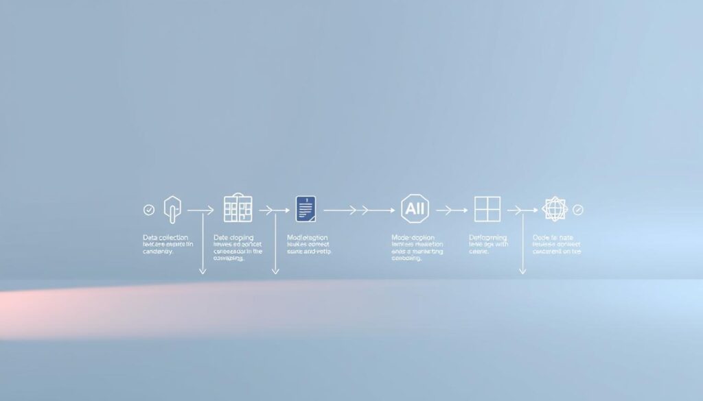 A detailed step-by-step process of AI integration in marketing campaigns, depicted against a clean, professional background. In the foreground, a series of simple, interconnected icons and infographic elements illustrate the key stages, from data collection to model deployment, all rendered in a sleek, high-contrast 3D style with subtle lighting from the side. The middle ground features a subtle grid or flow diagram, guiding the viewer's eye through the process, while the background maintains a minimalist, monochromatic palette to keep the focus on the central visual elements. The overall mood is one of efficiency, clarity, and technological sophistication, reflecting the subject matter of streamlining AI integration into marketing workflows.