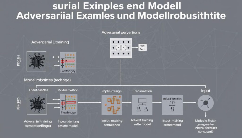 A detailed technical diagram depicting "Adversarial Examples und Modellrobustheit" against a backdrop of a complex neural network architecture. The foreground showcases various adversarial perturbations and their effects on a machine learning model, with clear visualizations of the model's fragility and sensitivity to small changes in the input. The middle ground features schematic representations of model robustness techniques such as adversarial training, ensemble methods, and input transformations. The background subtly suggests the broader context of "KI-Sicherheit: Wie wir Maschinen vertrauen können" with muted, geometric shapes reminiscent of secure computing environments. The image is rendered in a clean, technical style with crisp lines, muted colors, and a focus on communicating the core concepts effectively.