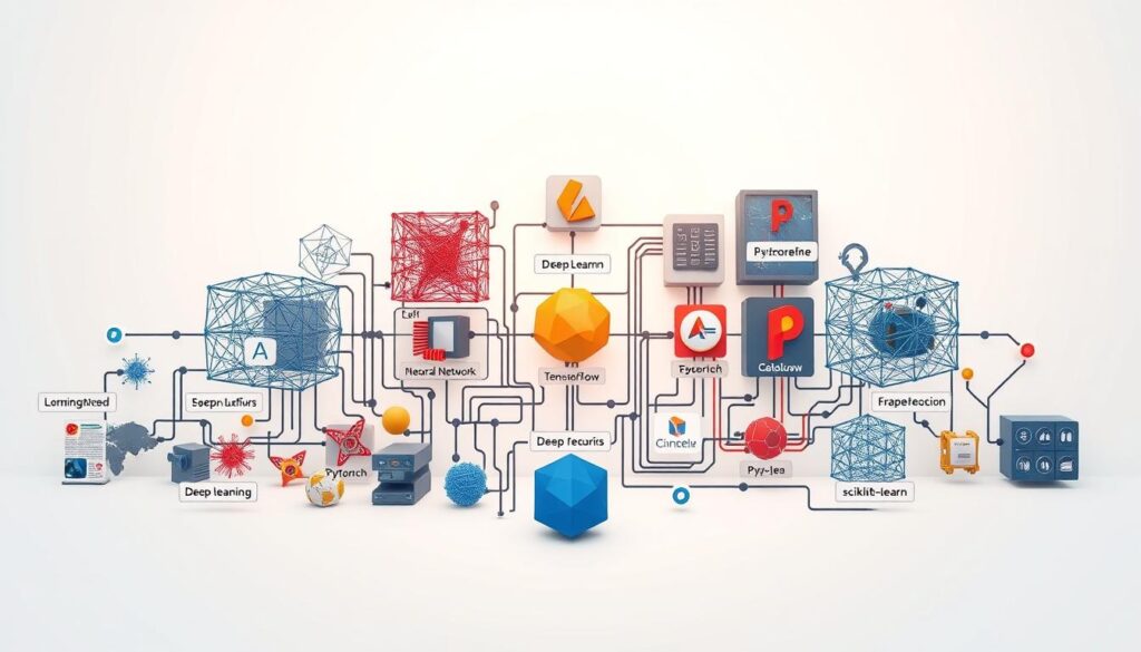 A detailed technical illustration of deep learning frameworks, showcasing various interconnected components against a clean, minimalist backdrop. The foreground features prominent deep learning models such as Convolutional Neural Networks, Recurrent Neural Networks, and Transformer architectures, each depicted with vivid 3D renderings and clear labels. The middle ground highlights the core underlying frameworks and libraries, including TensorFlow, PyTorch, Keras, and scikit-learn, arranged in a cohesive and organized manner. The background sets the scene with a softly lit, monochromatic gradient, emphasizing the conceptual and academic nature of the subject matter. The overall composition strikes a balance between technical precision and aesthetic appeal, creating a visually striking representation of the deep learning ecosystem.