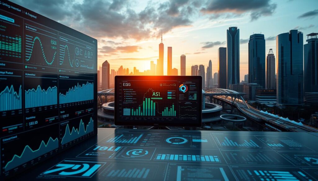 A detailed, technologically-advanced data analysis dashboard with a sleek, minimalist design. The foreground features a series of interactive charts, graphs, and data visualizations in shades of blue, green, and gray, highlighting key environmental, social, and governance (ESG) metrics. The middle ground showcases a central AI-powered analysis module, with advanced algorithms and machine learning models processing the data. In the background, a futuristic cityscape with gleaming skyscrapers and sustainable infrastructure sets the scene, bathed in a warm, ambient light. The overall mood is one of efficiency, precision, and the seamless integration of human and artificial intelligence for effective ESG reporting.