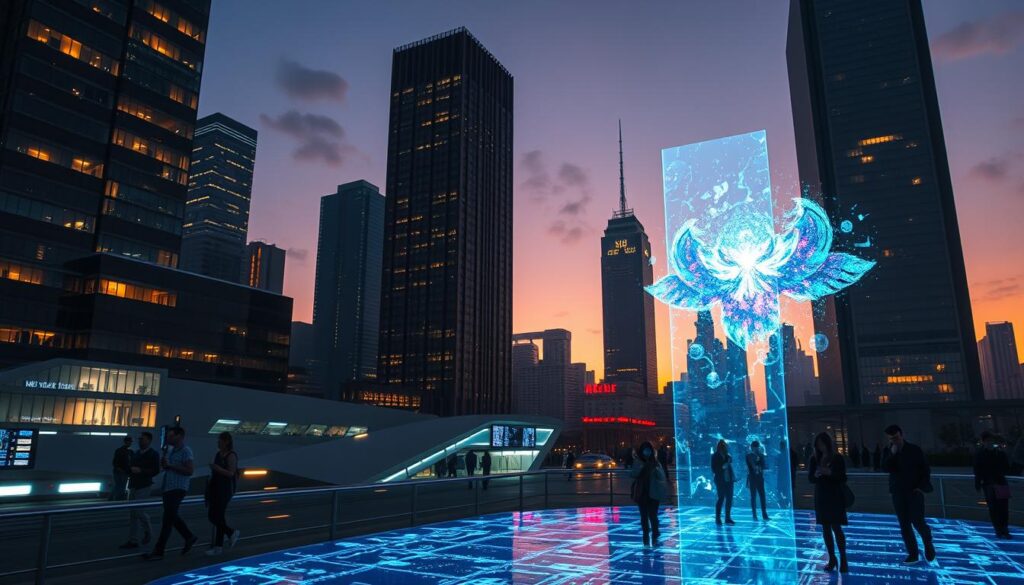 A digital cityscape at dusk, with towering skyscrapers and glowing windows that seem to pulsate with the rhythm of technological progress. In the foreground, a mesmerizing holographic installation projects vibrant, ever-evolving digital art, casting a kaleidoscopic glow across the urban landscape. The middle ground features sleek, futuristic structures and pedestrians immersed in their mobile devices, symbolizing the seamless integration of technology and daily life. In the background, the skyline fades into a hazy, neon-tinged horizon, suggesting the vast, limitless potential of digital creativity. Dramatic lighting and a cinematic camera angle convey a sense of awe and wonder at the historical developments and technological advancements that have transformed the creative process.