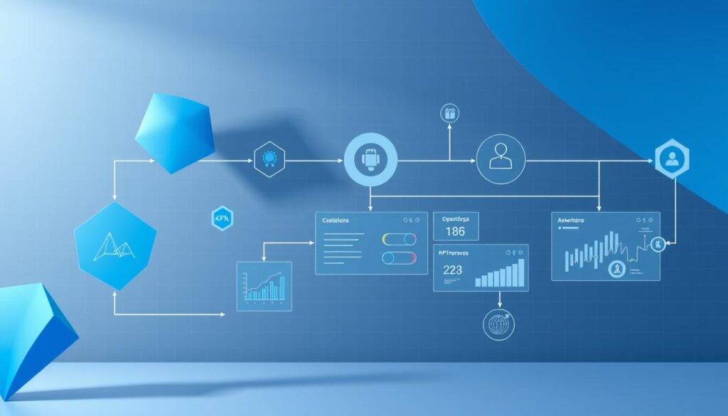 A digital marketing process diagram showcasing interconnected workflows, data visualizations, and automation icons on a sleek, minimalist background. The foreground features abstract geometric shapes in various hues of blue, representing the different stages of a digital marketing campaign. The middle ground displays interactive data dashboards with line graphs, pie charts, and KPI metrics. In the background, a subtle grid pattern creates a sense of structure and organization. Lighting is soft and diffused, creating depth and dimensionality. The overall mood is one of efficiency, innovation, and data-driven decision making, befitting the subject of GPTs in digital marketing processes.