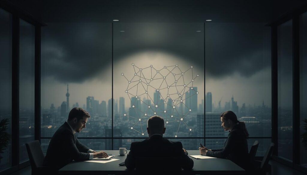 A dimly lit corporate office, with a looming sense of uncertainty. In the foreground, a team of executives gathered around a table, faces etched with concern as they scrutinize data on customer churn. The middle ground showcases a maze-like network of connections, representing the complex web of factors contributing to the challenge of customer retention. In the background, a hazy skyline symbolizes the broader economic landscape, suggesting the far-reaching implications of this issue. Soft, dramatic lighting casts deep shadows, heightening the sense of tension and the weight of the decision-making process. The overall atmosphere conveys the gravity and complexity of the "Herausforderungen Kundenabwanderung" faced by this organization.