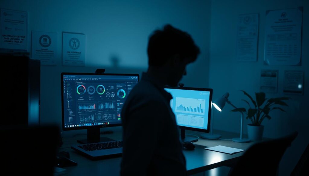 A dimly lit office interior, the soft glow of computer screens casting shadows across a desk. On the desk, a sleek black laptop displays a complex visual dashboard, its charts and graphs representing the intricate workings of an AI-powered HR system. The walls are adorned with certifications and awards, signifying the company's commitment to data privacy and ethical AI practices. In the foreground, a single figure, their face obscured, ponders the implications of this technology, the potential for both progress and pitfalls. The atmosphere is one of contemplation, a quiet tension between the promise of innovation and the need for responsible implementation.