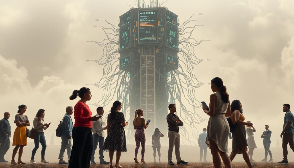 A diverse group of people, each with unique identities, interacting with a complex AI system. In the foreground, the figures represent different genders, races, and abilities, engaged in various activities. The middle ground features a towering AI construct, its algorithms and data visualizations hinting at hidden biases and stereotypes. The background is a hazy, dreamlikescape, suggesting the profound implications of AI on society. Soft lighting casts a contemplative mood, inviting the viewer to consider the nuances of AI fairness and inclusivity. The composition is balanced, with subjects positioned to draw the eye towards the central AI system, a metaphor for the need to scrutinize AI for unintended biases.