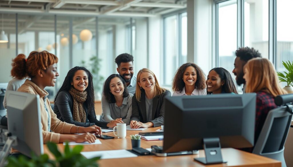 A diverse team of people from various backgrounds collaborating in an inclusive work environment. A well-lit, modern office space with large windows allowing natural light to flood the scene. Employees of different ethnicities, ages, and abilities engaged in animated discussions around a conference table, their faces expressing enthusiasm and a sense of connection. A subtle, warm color palette creates a welcoming atmosphere. The foreground depicts the group dynamic, while the background showcases technological elements like sleek computer monitors and ergonomic furniture, hinting at the use of AI-powered tools to enhance diversity and inclusion practices.