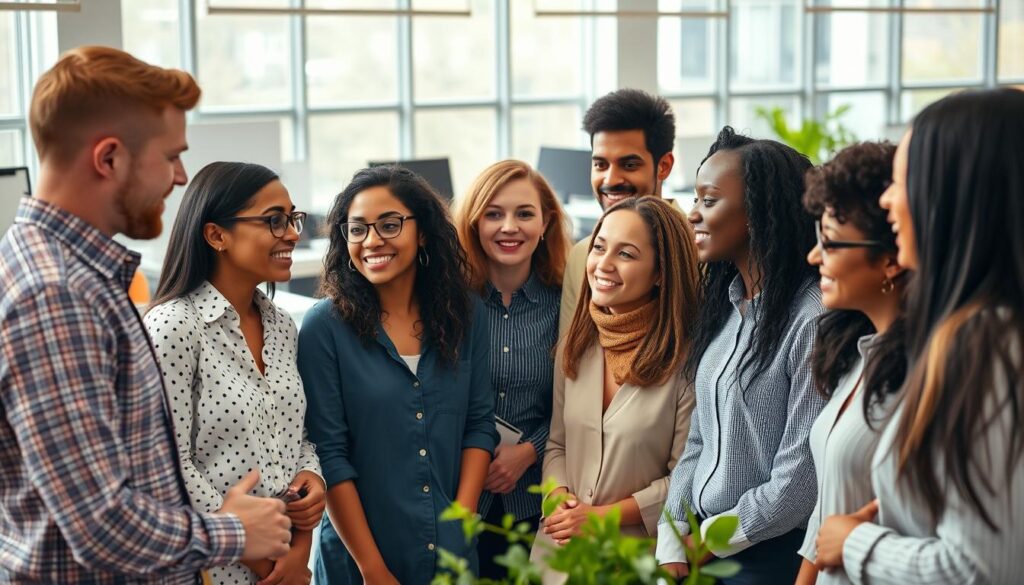A diverse team of professionals from various backgrounds, genders, and ethnicities collaborating in a bright, modern office setting. The foreground features a group of people engaged in animated discussion, their expressions conveying a sense of open communication and mutual understanding. The middle ground showcases a mix of workstations, whiteboards, and shared spaces that promote collaboration and idea-sharing. The background depicts floor-to-ceiling windows, allowing natural light to flood the space and create a warm, inviting atmosphere. The overall mood is one of inclusivity, innovation, and the power of bringing together diverse perspectives to drive progress.