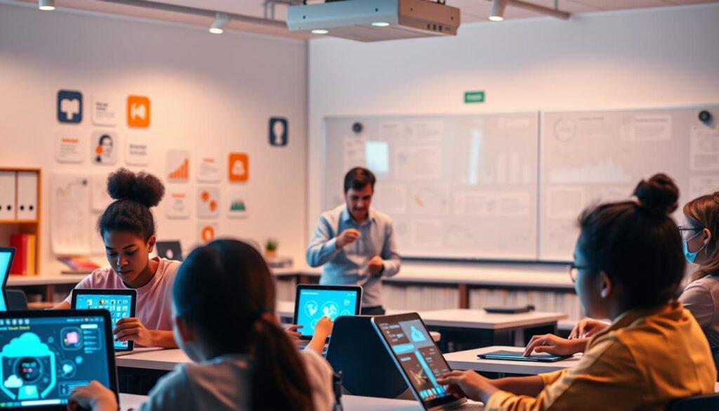 A dynamic, AI-powered learning platform set against a backdrop of a modern, vibrant classroom. In the foreground, students of diverse backgrounds interact with intuitive, adaptive interfaces, their faces lit by the glow of digital screens. In the middle ground, an instructor guides the class, seamlessly integrating technology to enhance the learning experience. The background features an array of educational tools and resources, from virtual whiteboards to cloud-based collaboration tools, all working in harmony to create an immersive, technology-enhanced educational environment. Warm, diffused lighting casts a subtle, inviting glow, conveying a sense of exploration and discovery. The overall atmosphere is one of engagement, innovation, and the transformative potential of AI in education.