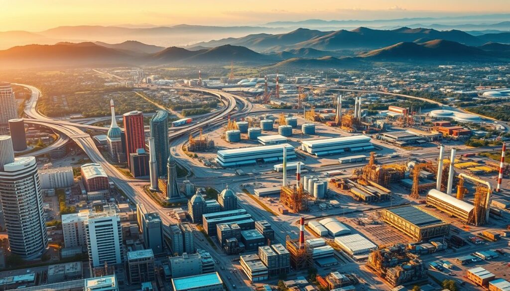 A dynamic aerial view of a bustling business hub, showcasing the diverse industries and applications of AI-driven process simulation. In the foreground, a vibrant cityscape with towering skyscrapers, factories, and research facilities, all interconnected by a web of transportation networks. The middle ground features various commercial and industrial activities, from manufacturing plants to healthcare facilities, each harnessing the power of AI to optimize workflows and enhance decision-making. In the background, rolling hills and a vast, expansive sky, symbolizing the boundless potential of cross-industry collaboration and innovation. The scene is illuminated by warm, golden lighting, conveying a sense of progress and advancement. The overall composition captures the seamless integration of technology, industry, and modern business, exemplifying the transformative impact of AI-driven process simulation.
