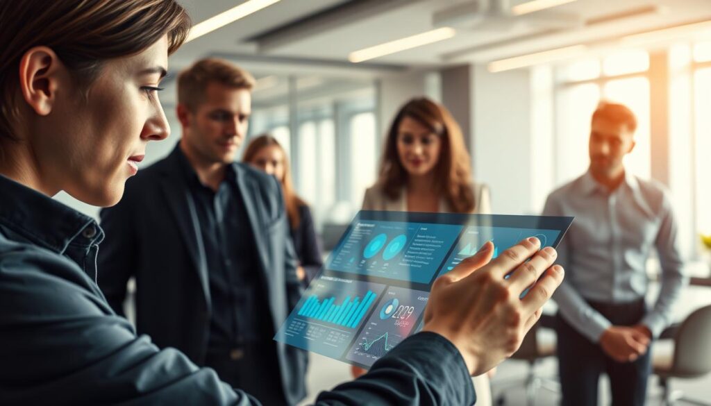 A dynamic, visually-striking scene showcasing the power of AI-driven candidate analysis. In the foreground, a recruiter using a sleek, high-tech interface to delve into an applicant's profile, with data visualizations and insights displayed in a captivating manner. In the middle ground, a team of professionals, their expressions focused and engaged, collaborating to make informed hiring decisions. In the background, a modern office environment with clean lines, muted tones, and subtle technological accents, creating an atmosphere of innovation and progress. Soft, directional lighting illuminates the scene, highlighting the key elements and conveying a sense of professionalism and efficiency. The overall composition suggests the transformative impact of AI-assisted recruiting, poised to revolutionize the way organizations identify and onboard top talent.