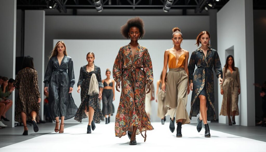 A fashion runway with models showcasing sustainable clothing and accessories made with responsibly sourced, recycled, and energy-efficient materials. The lighting is soft and natural, highlighting the intricate textures and vibrant colors of the garments. In the background, a modern, minimalist studio set with clean lines and neutral tones provides a sleek, high-fashion backdrop. The models move with grace and confidence, embodying the principles of sustainable luxury and resource efficiency that define the future of the fashion industry.