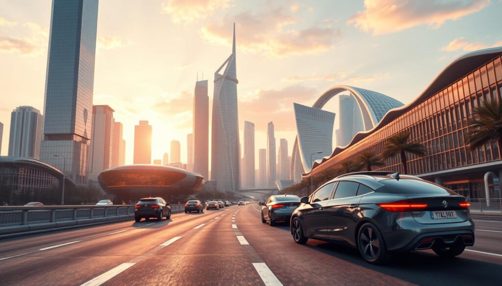 A futuristic cityscape depicting the KI-Marktentwicklung in 2025. In the foreground, sleek AI-powered autonomous vehicles glide silently along clean, efficient streets. The middle ground is dominated by towering skyscrapers with gleaming glass facades, symbolizing the rapid technological advancements and economic growth of the AI industry. In the background, a stunning skyline of ultramodern, curved architectural marvels reaches towards a vibrant, almost neon-tinged sky, hinting at the visionary, innovative spirit driving the KI-Markt. The scene is bathed in a soft, warm light, conveying a sense of optimism and progress. The overall image conveys the dynamic, cutting-edge nature of the AI market in 2025.