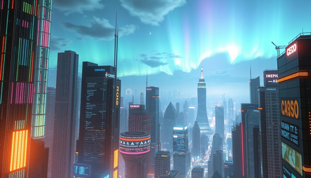 A futuristic cityscape, glowing with the promise of technological advancement. In the foreground, towering digital pillars pulse with multicolored energy, representing the rapid evolution of language models. The middle ground features a bustling metropolis, its skyscrapers adorned with holographic displays showcasing the myriad applications of large language models. In the background, a shimmering aurora borealis illuminates the sky, hinting at the boundless possibilities that await as these models continue to shape the digital landscape. The scene is rendered in a cinematic style, with dramatic lighting and a sense of awe-inspiring scale, capturing the transformative power of language models and their role in defining the future.