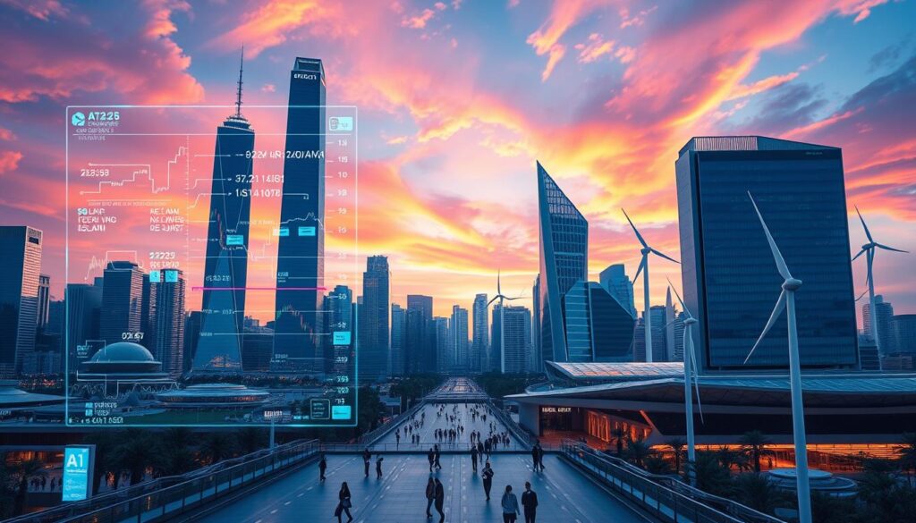A futuristic cityscape set against a vibrant sky, with towering skyscrapers and sleek, technologically-advanced structures. In the foreground, a holographic display showcases complex financial algorithms and AI-driven trading platforms, their data visualizations pulsing with energy. The middle ground features a bustling financial district, where pedestrians hurry past cutting-edge architectural designs. The background is dominated by a striking fusion of natural and artificial elements, with renewable energy sources like solar panels and wind turbines seamlessly integrated into the urban landscape. The overall scene conveys a sense of innovation, progress, and the transformative potential of AI within the financial sector.