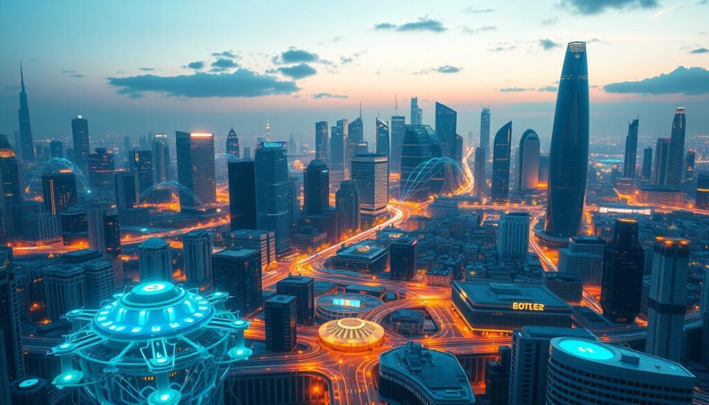 A futuristic cityscape with a serene, glowing skyline illuminating a thriving, decentralized economy. In the foreground, intricate AI-powered devices seamlessly integrate into the urban landscape, showcasing the economic advantages of edge computing. The middle ground features a bustling hub of interconnected businesses, each harnessing the power of distributed intelligence to drive innovation and efficiency. In the background, towering skyscrapers and sleek transportation networks symbolize the strategic implications of this technological revolution. The scene exudes a sense of harmony, progress, and the transformative potential of decentralized intelligence.