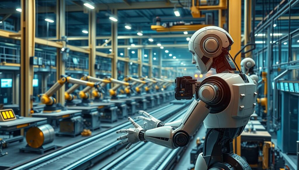 A futuristic industrial setting with a highly automated factory floor. In the foreground, a sleek, humanoid robot with advanced sensors and manipulators effortlessly assembles complex mechanical parts. Its movements are fluid and precise, a testament to the capabilities of artificial intelligence. In the middle ground, a network of interconnected robotic arms and conveyor belts efficiently move materials and finished products. The background is dominated by towering machinery, glowing control panels, and a subtle haze of energy-efficient lighting, creating an atmosphere of technological sophistication. The scene conveys a sense of harmony between human-designed automation and the intelligent machines that power it, hinting at the transformative potential of AI in the realm of industrial robotics.