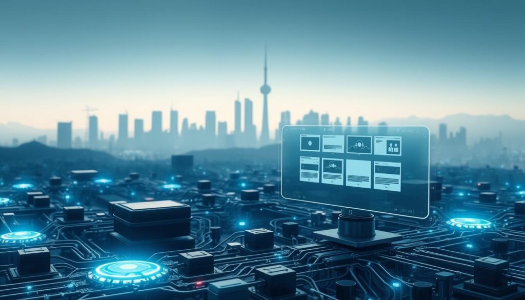 A futuristic landscape depicting the mechanisms behind automated content generation. In the foreground, a complex network of interconnected devices and algorithms processing data streams. In the middle ground, a holographic display showcases an array of customizable content templates, controlled by a sleek, minimalist interface. In the background, a skyline of towering, high-tech towers casting long shadows, symbolizing the pervasive reach of automation. Diffused lighting creates a sense of ambiance, while a muted color palette of blues, grays, and metallic hues evokes a clinical, technological atmosphere. The overall scene conveys the scale, sophistication, and ubiquity of the technologies powering automated content in the modern digital landscape.