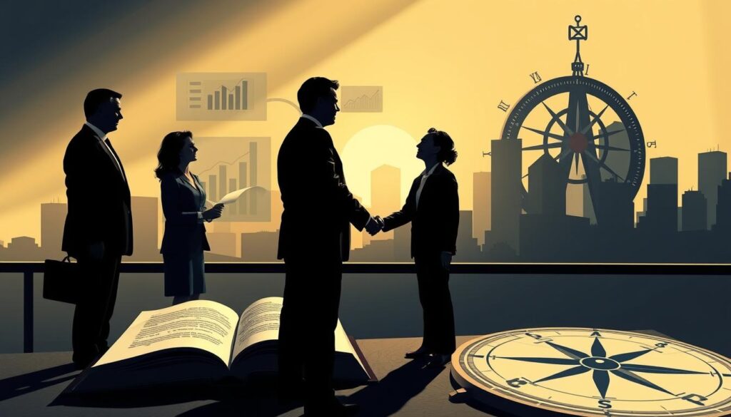A high-contrast, cinematic illustration depicting the key factors for a successful business exit process. In the foreground, a group of business executives shake hands, signifying the culmination of a transaction. In the middle ground, visual metaphors emerge - an open book representing strategic planning, a graph charting financial performance, and a compass denoting guidance. The background features a cityscape silhouette, hinting at the broader economic landscape. Dramatic lighting casts strong shadows, creating a sense of gravity and importance. The overall composition conveys the complexity, collaboration, and high-stakes nature of navigating a successful business exit.