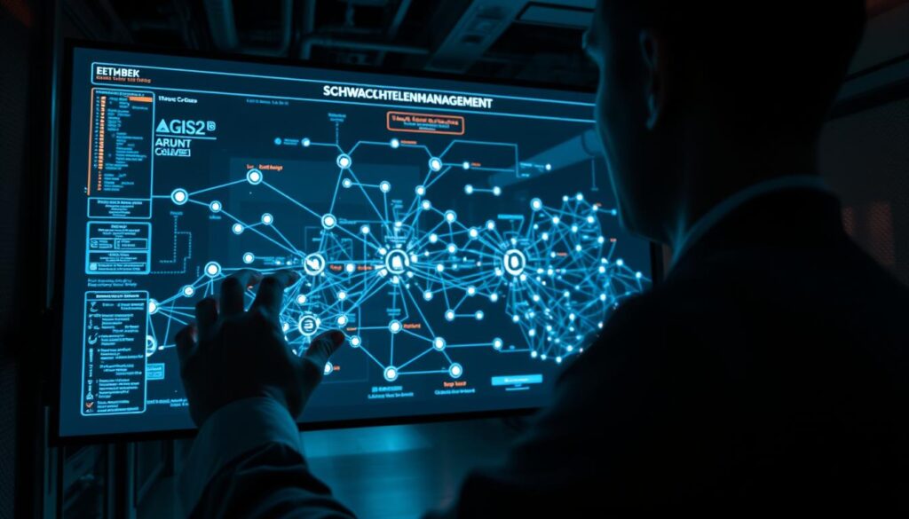 A high-contrast, cinematic image of a cybersecurity expert analyzing a network diagram on a large display screen. The foreground shows their hands manipulating the interface, with glowing nodes and connections. The middle ground depicts a complex, abstract visualization of a threat landscape, with threat vectors and vulnerabilities highlighted. The background features a dimly lit, industrial-style server room, casting dramatic shadows and highlighting the seriousness of the cybersecurity challenges. Moody lighting, with a cool color palette and high-contrast shadows, conveys the gravity of the "Schwachstellenmanagement KI" task at hand.