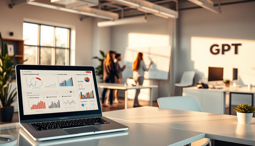 A high-efficiency office workspace with clean, minimalist design. Warm natural lighting filters in through large windows, casting a cozy glow on the meticulously organized desks and workstations. Sleek, modern furniture in neutral tones creates an atmosphere of professionalism and productivity. In the foreground, a laptop screen displays charts, graphs, and analytics, reflecting the data-driven content-planning capabilities of GPT language models. The middle ground features a team collaborating seamlessly, brainstorming ideas on a digital whiteboard. The background showcases the company's brand identity, conveying a sense of quality, innovation and efficiency.