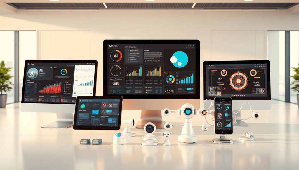 A high-quality, ultra-detailed 3D render of various AI-powered marketing tools and software displayed on a sleek, minimalist setup. In the foreground, a desktop computer, a tablet, and a smartphone showcase different AI analytics dashboards, predictive modeling visualizations, and automated campaign management interfaces. The middle ground features a variety of AI-enabled marketing tools like chatbots, content generation tools, and customer segmentation software. The background has a clean, corporate office setting with large windows letting in warm, directional lighting. The overall scene conveys the power, efficiency, and innovative nature of AI-driven marketing solutions.