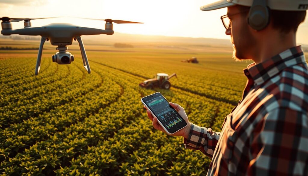 A high-tech agricultural scene unfolds, showcasing the power of computer vision in modern farming. In the foreground, a drone hovers above a verdant field, its camera scanning the landscape for signs of crop health and pest infestations. In the middle ground, a farmer reviews data displayed on a sleek, touchscreen interface, making informed decisions to optimize yields. The background reveals a sprawling expanse of farmland, with autonomous tractors and harvesters navigating the terrain with precision, guided by advanced GPS and sensor systems. The scene is bathed in warm, golden sunlight, conveying a sense of progress and innovation in the realm of "smart farming." The overall atmosphere is one of efficiency, sustainability, and the seamless integration of cutting-edge technology with the timeless art of cultivating the land.