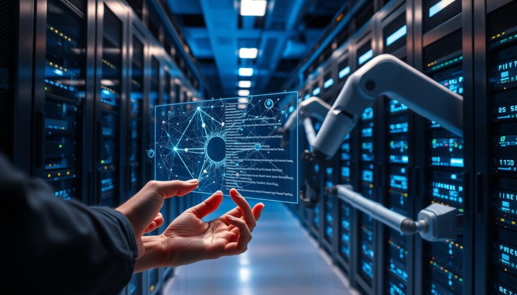 A high-tech data center with rows of sleek, LED-illuminated server racks. In the foreground, a developer uses a holographic interface to manipulate lines of AI-generated code, their hands moving with precision. Glowing neural networks and abstract data visualizations fill the middle ground, hinting at the complex algorithms powering the system. The background is bathed in a cool, azure glow, suggesting the immense computational power at work. Streamlined robotic arms move with machine-like efficiency, tending to the servers. An atmosphere of order, control and technological prowess pervades the scene, reflecting the opportunities and challenges of AI-assisted code generation.
