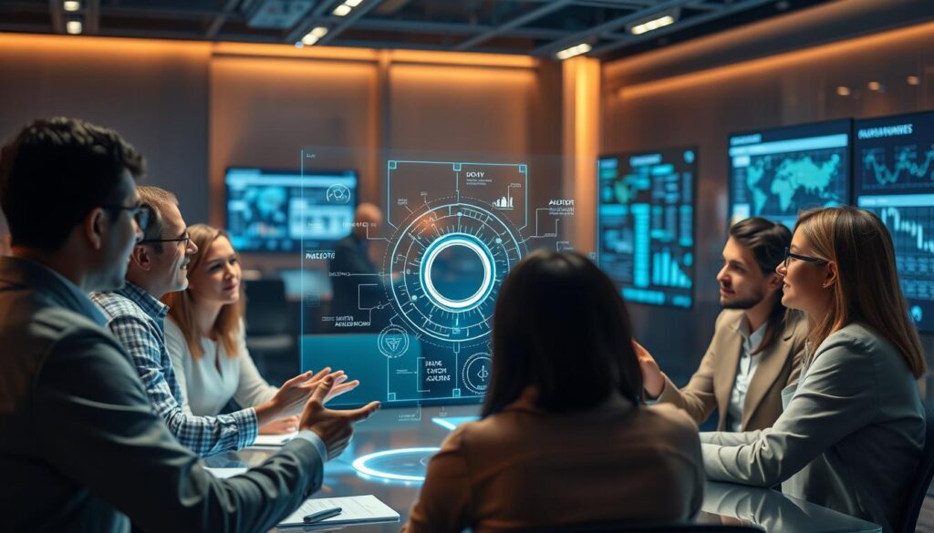 A high-tech digital workplace with a central AI assistant model at its core, surrounded by a team of professionals engaged in dynamic discussions and presentations. The scene is bathed in a warm, ambient lighting, creating a sense of collaboration and innovation. The AI model appears as a holographic projection, its algorithms and data visualizations projected onto the surrounding displays. The team members, depicted in a range of diverse attire, gesticulate animatedly, their faces alight with focused concentration as they exchange ideas and insights. The overall atmosphere conveys the power of AI-driven communication to enhance and streamline enterprise-level interactions and information sharing.