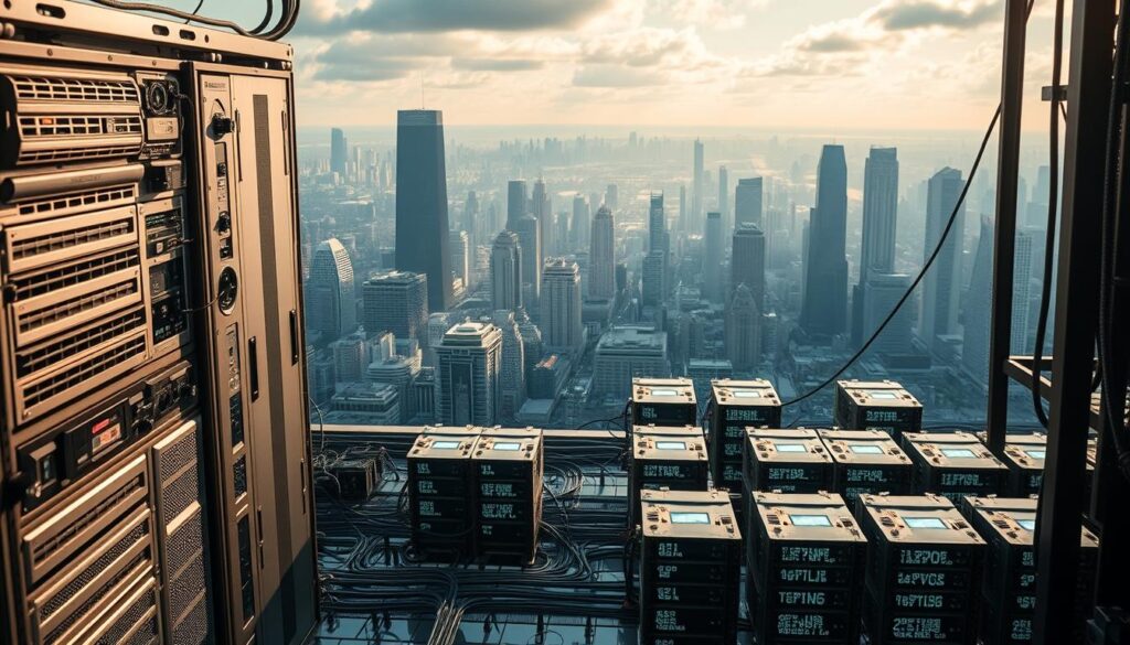A high-tech edge computing architecture with sleek metallic servers, modular components, and glowing circuit boards. The foreground features a central processing hub with red indicator lights, cooling fans, and intricate wiring. In the middle ground, a cluster of compact edge devices are networked together, their LED panels flickering with data. The background showcases a sprawling cityscape with futuristic skyscrapers, communicating the integration of edge computing into the urban environment. Dramatic lighting casts long shadows, creating a sense of depth and emphasizing the technological prowess. The image conveys the power and efficiency of edge computing, ready to support the demands of machine learning and the Internet of Things.
