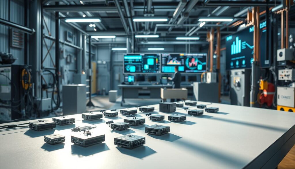 A high-tech industrial setting, with a focus on edge AI devices and applications. In the foreground, an array of compact, sleek edge AI modules and sensors are arranged on a minimalist workbench, casting sharp shadows under bright, directional lighting. In the middle ground, a complex network of cables and connectors weaves through the scene, connecting the edge devices to a central control station. In the background, a series of large display screens show real-time data visualizations and analytics, hinting at the powerful insights generated by the edge AI system. The overall mood is one of efficiency, innovation, and the seamless integration of cutting-edge technology into the industrial landscape.