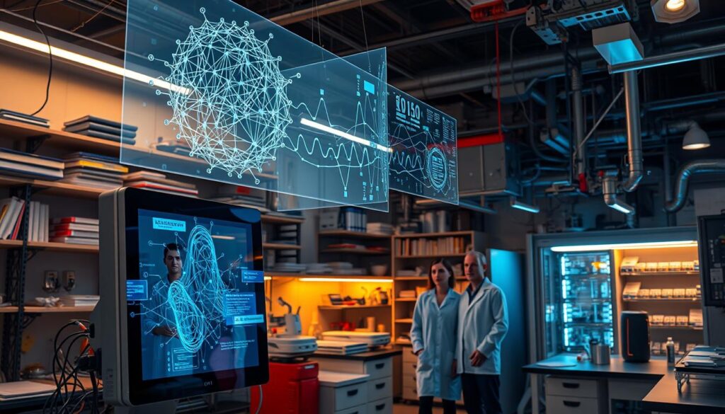 A high-tech laboratory filled with complex machinery, intricate circuits, and glowing displays. In the foreground, a sleek, state-of-the-art computer terminal, its screen displaying a detailed visualization of a neural network, the interconnected nodes pulsing with data. Suspended above, a holographic projection showcases the iterative stages of a machine learning process, from raw data input to refined predictive models. Reflected in the terminal's glossy surface, a team of researchers in lab coats, their expressions focused as they analyze the outcomes. Ambient lighting casts a warm, futuristic glow, while the background is dotted with shelves of books, scientific equipment, and the occasional glimpse of advanced robotic systems. An atmosphere of discovery, problem-solving, and technological innovation pervades the scene.