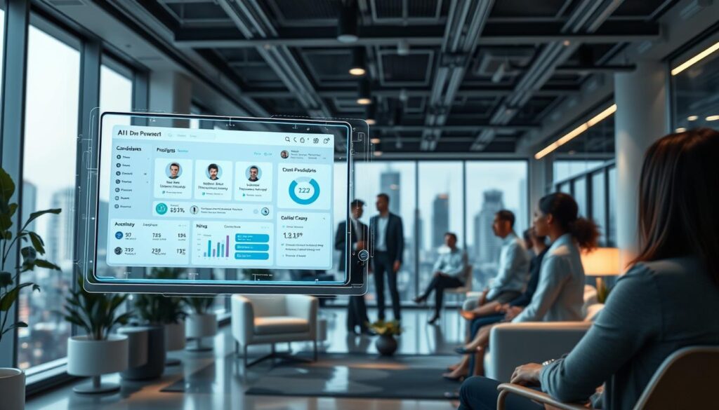 A high-tech office environment with a transparent futuristic interface hovering in the air. In the foreground, a sleek computer monitor displays an AI-powered HR dashboard, showcasing candidate profiles, skills, and hiring recommendations. The middle ground features a group of diverse professionals engaged in discussion, evaluating the AI-generated insights. In the background, the office is filled with minimalist furniture, soft ambient lighting, and floor-to-ceiling windows overlooking a vibrant cityscape. The mood is one of efficiency, innovation, and a touch of wonder at the capabilities of the AI-assisted HR tools.