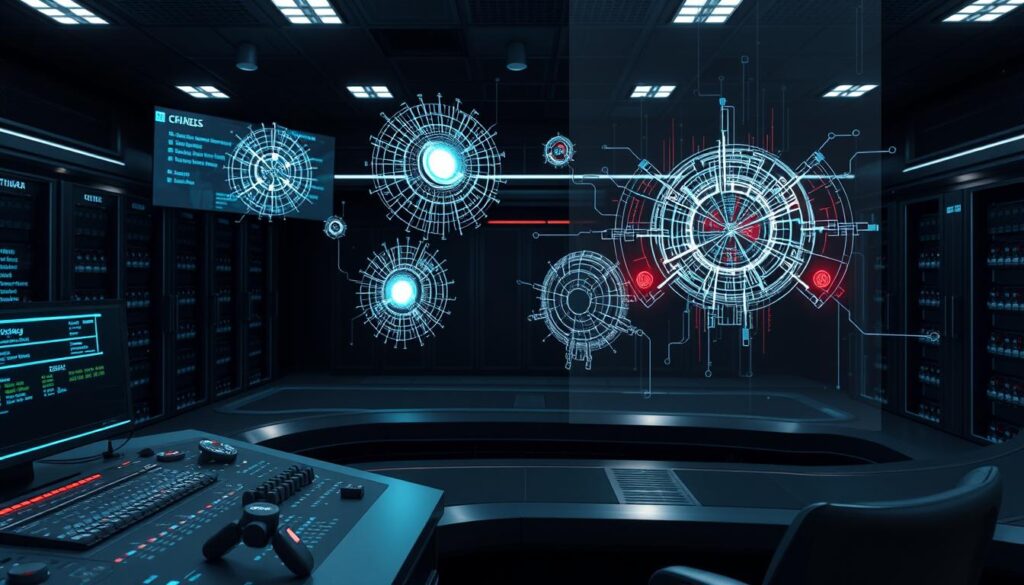 A high-tech security control center with multiple holographic displays showcasing real-time AI-powered threat detection. The foreground features a sleek, futuristic command console with various input devices and status indicators. In the middle ground, complex 3D cyber threat models hover and rotate, their intricate patterns and data streams visually representing the AI's analysis. The background depicts a darkened room with banks of servers and storage arrays, casting an ominous glow and conveying the gravity of the cybersecurity challenge. The overall mood is one of vigilance, capability, and a sense of protecting against unseen dangers through the power of advanced AI technology.