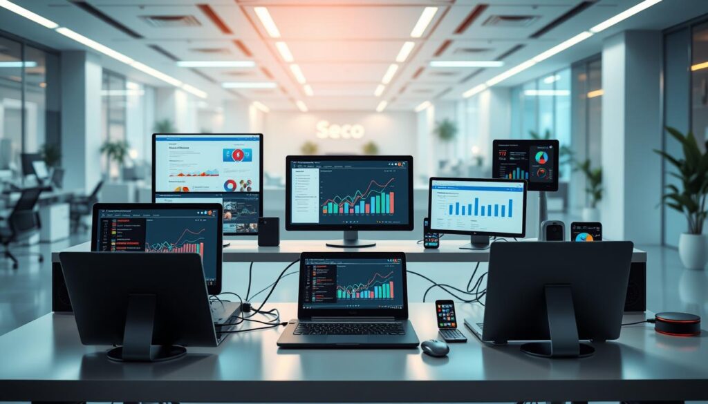 A high-tech yet visually captivating image of various search engine optimization (SEO) tools displayed on a modern, minimalist workspace. In the foreground, an array of smart devices such as laptops, tablets, and smartphones showcase SEO software, analytics dashboards, and algorithm trackers. The middle ground features a sleek, modular desk setup with ergonomic peripherals and a clean cable management system. The background depicts a softly lit, futuristic office environment with subtle hints of greenery and ambient lighting, creating a serene, productive atmosphere. The overall composition conveys the technical complexity and practical utility of SEO tools in the context of content planning and strategy.