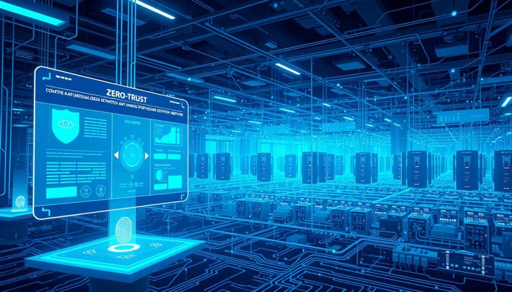 A highly detailed, futuristic illustration of a Zero-Trust network security system. In the foreground, a sleek, holographic interface displays dynamic access controls and data flow visualizations. In the middle ground, a trio of biometric authentication sensors - iris, fingerprint, and facial recognition - stand vigilant. In the background, a vast, interconnected network of servers and data centers hums with encrypted activity, shielded by advanced cryptography and AI-powered anomaly detection. The scene is illuminated by cool, azure lighting, creating an atmosphere of technological sophistication and unwavering security.