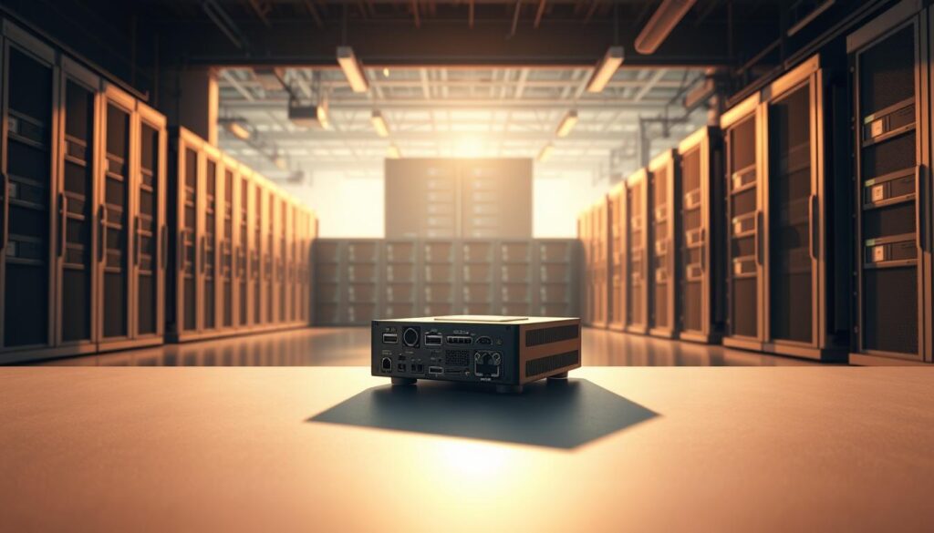 A highly detailed, photorealistic illustration depicting the key differences between edge computing and cloud computing. In the foreground, a sleek, modern edge device with a powerful GPU and multiple sensor inputs sits atop a minimalist desk, casting a long shadow. In the background, a towering data center with rows of server racks and cooling systems represents the cloud infrastructure. The scene is illuminated by warm, directional lighting, creating dramatic shadows and highlights that emphasize the sleek, high-tech aesthetic. The composition conveys the contrasting scales, capabilities, and deployment locations of the two computing paradigms, providing a clear visual reference for the "Grundlagen von Edge AI und Vergleich zu Cloud-Lösungen" section.